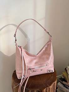 Fringe Rivet Motorcycle Style Underarm Bag, Women's New Large Capacity Tote Bag, Sweet & Cool One Shoulder Bag - Pink - View 8