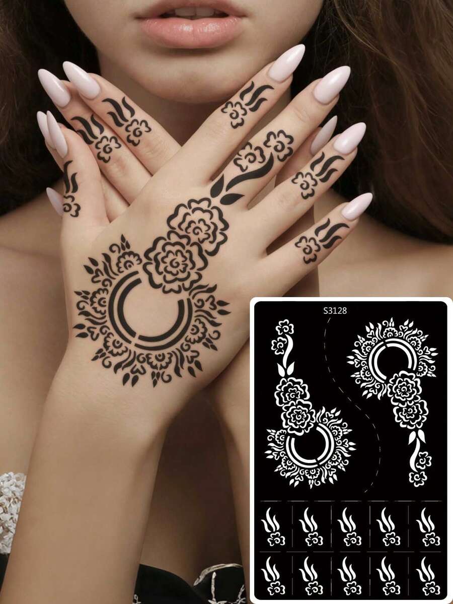 Hana Hand-Drawn Hollow Floral Tattoo Stencil - Sexy Floral Pattern, Suitable For Hands, DIY Painting, Ink, Reusable Mandala Design Template Stickers, Suitable For Women Body Party Makeup - Black - View 1