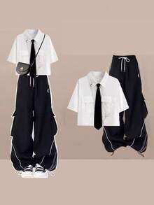 Women Two-Piece Outfits - 白上衣+工裝褲 - 查看 4
