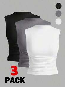 3 piezas Tops sin mangas plisados, tops sin mangas casuales de cuello plano para mujer, gran valor en paquete de 3, para el verano - Multicolor 2 - Ver 12