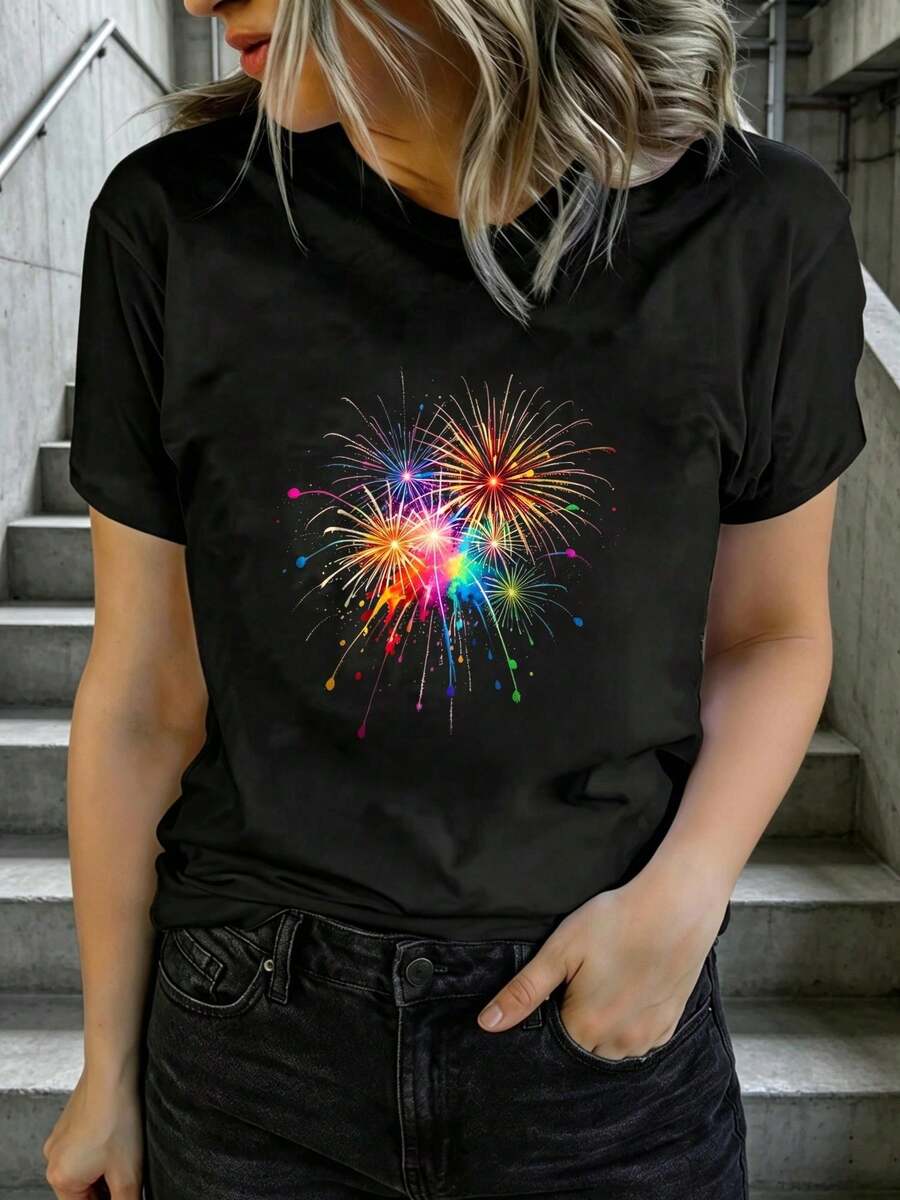 Camiseta de Verano de Manga Corta para Mujer, Estampada, Moderna y Casual, Lavable a Máquina, Ajuste Cómodo con Estampado Plano 2D. YZUQ - Negro_02 - Ver 1