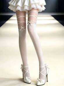 1 đôi tất dài đến đầu gối màu trắng kiểu Lolita buộc dây, phong cách tối giản gợi cảm, có nơ, đa năng. - Nhiều màu - Xem 1