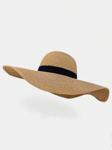 1 pièce Chapeau de paille à large bord pour femme avec ruban noir, chapeau de plage de protection solaire - Multicolore - Voir 9