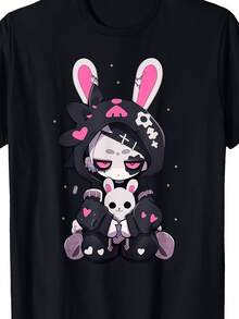Gothic Anime T-Shirt With Bunny Design, Black With Pink Bunny Ears And Hearts, Soft Round Neck, Loose Fit, Casual Style For Women And Teens, Pastel Emo Gothic Style With Cute Bunny. Same Style For Men And Women. Short Sleeve Printed T-Shirt For Summer 2025, 220G Pure. - 黑色 - 查看 6