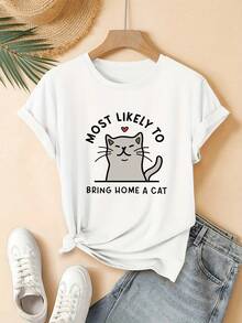 Short-Sleeved T-Shirt With A Round Neck And Cat Print,  And Cute, For Young Women, Machine Washable, Suitable For Everyday Casual Street Style, A Great Gift Choice, Ideal For Home, Office, And Other Occasions. A Very Distinctive Printed T-Shirt / Unisex Style / Suitable For Both Men And Women / Wrinkle-Resistant / Breathable. - 白色 - 查看 8