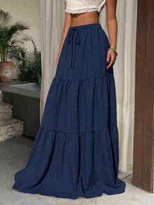 Solid Color Casual Beach Vacation Ruffle Hem Skirt - Royal Blue - View 5