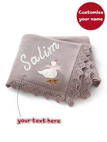 1件可客製化手工刺繡嬰兒針織毯，精緻小鴨刺繡，波浪飾邊，舒適簡約設計，適合兒童 - 煙紫 - 查看 8