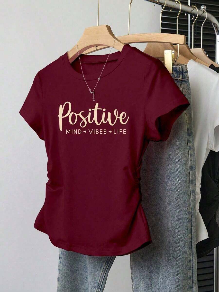 Camiseta ajustada de mujer con estampado de letras, silueta estilizante, estilo casual/al aire libre, nueva llegada de verano, color rojo - Burdeos - Ver 1