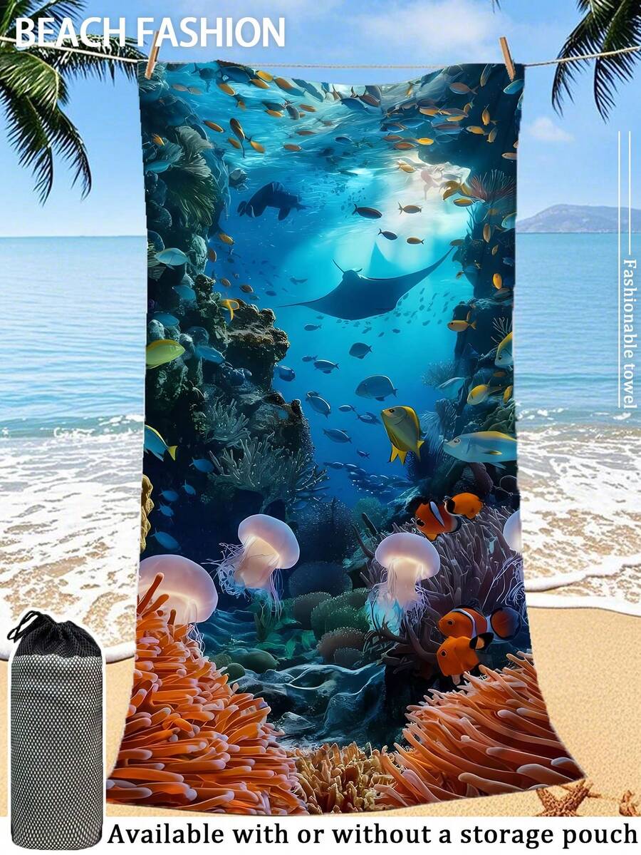 【便携速干柔软】夏季吸水超细纤维沙滩巾 | 70*140cm/90*180cm 可选 | 可选配收纳袋 | 印有水下珊瑚鱼图案 | 适用于海滩、浴室、露营、健身、旅行 - 深藍色 - 查看 1
