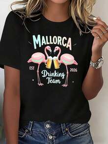 100% bomulls-T-shirt för kvinnor, sommar, vår, semester, resor, fest, fritidskläder för utomhus- och inomhusbruk, svart bomulls-T-shirt med rund hals, kort ärm, Mallorca Drinking Team Flamingo-tryck, avslappnad T-shirt, sommaroutfit för kvinnor. - Svart - Visa 1