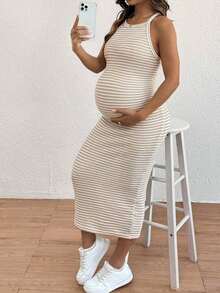 Vestido Halter Ajustado a Rayas Casual para Maternidad - Lila Púrpura - Ver 9