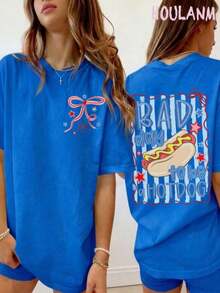 Retro T-Shirt With Cartoon Print "A Bad Day To Be A Hot Dog" For Women | Breathable Spring T-Shirts 100% Cotton, Short Sleeve And Loose Fit. - 藍色 - 查看 1