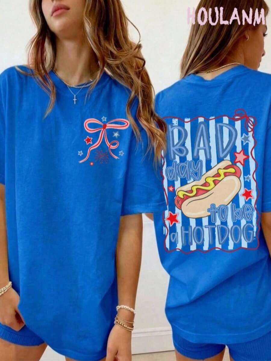 Retro T-Shirt With Cartoon Print "A Bad Day To Be A Hot Dog" For Women | Breathable Spring T-Shirts 100% Cotton, Short Sleeve And Loose Fit. - 藍色 - 查看 1