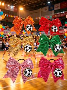 Coletero elástico para el cabello con lazo de lentejuelas bordadas, unicolor, cuentas y diseño de fútbol para la Copa del Mundo - Multicolor - Ver 2