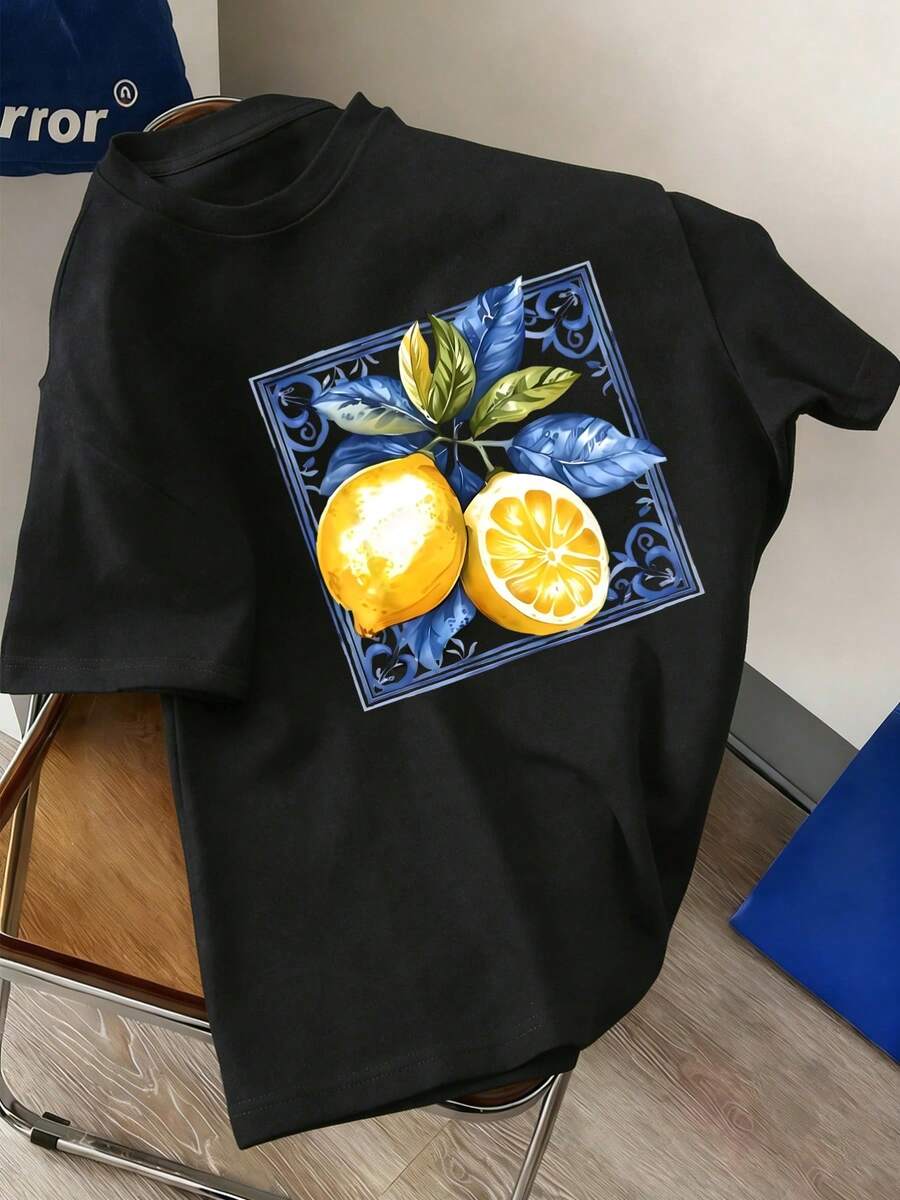 New Men's T-Shirt Made Of Pure Cotton With A Round Neck And Lemon Print, Comfortable, Soft, Breathable, Casual, Indispensable For Summer Beach Holidays. - Black - View 1