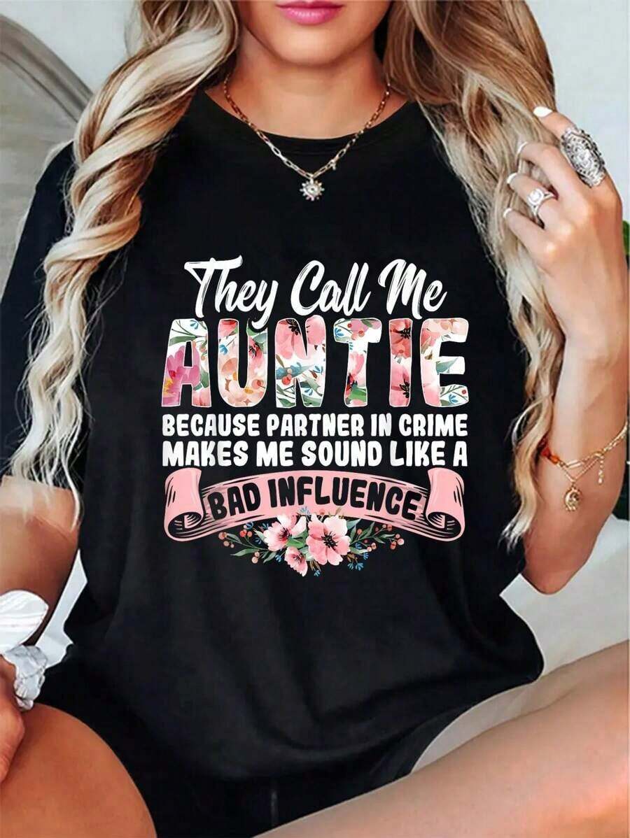 100% Cotton, They Call Me Auntie Because I'm My Partner In Crime, Auntie Slogan T-Shirt - Vintage Urban Style, Unisex, Loose Fit, Cotton, Short Sleeve, Crew Neck - 黑色 - 查看 1