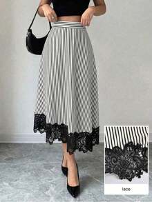 Falda elegante de mujer con volantes y bajo asimétrico, de rayas en blanco y negro, falda a línea de mujer casual a rayas, falda midi a rayas con adorno de encaje - Blanco y Negro - Ver 3