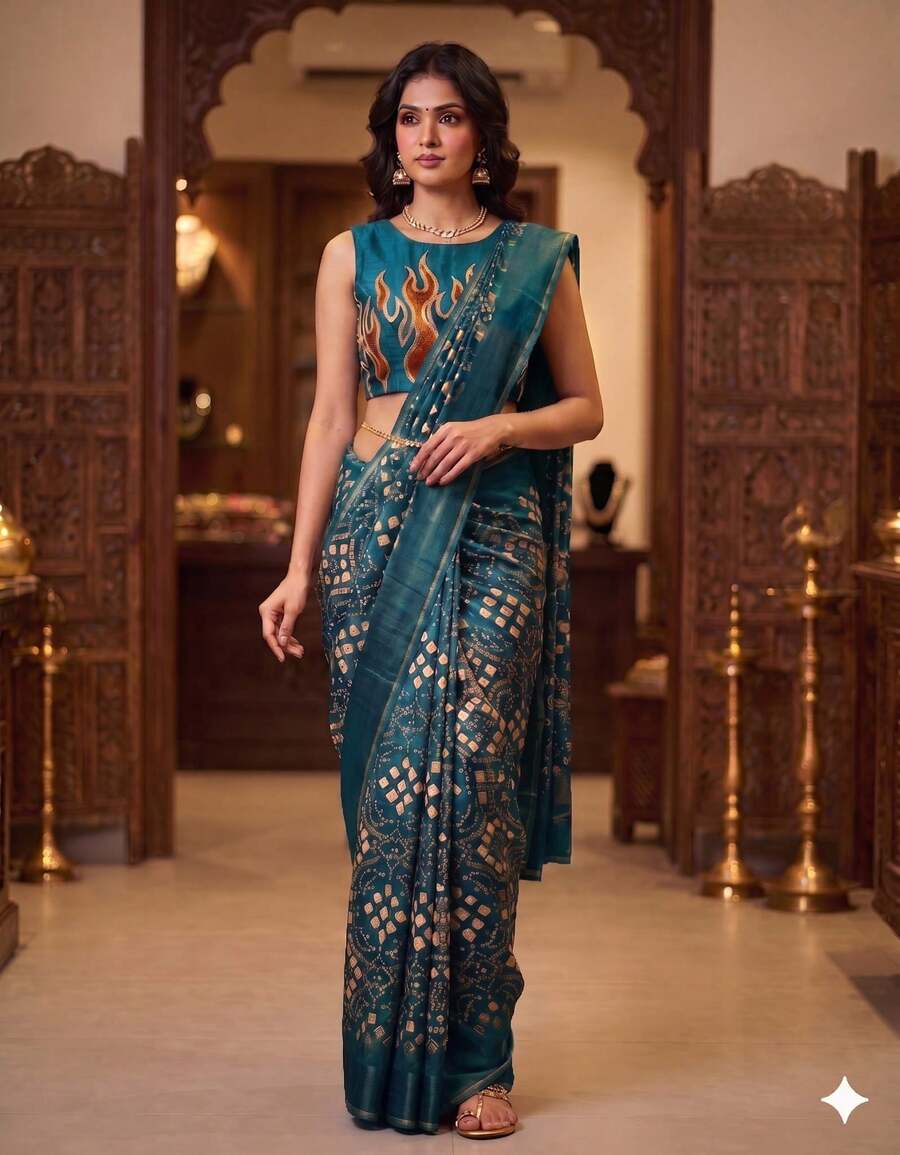 Estationeryhouse Signature Georgette Bandhni Saree With Self Border With Unstitched Blouse - Blue - View 1