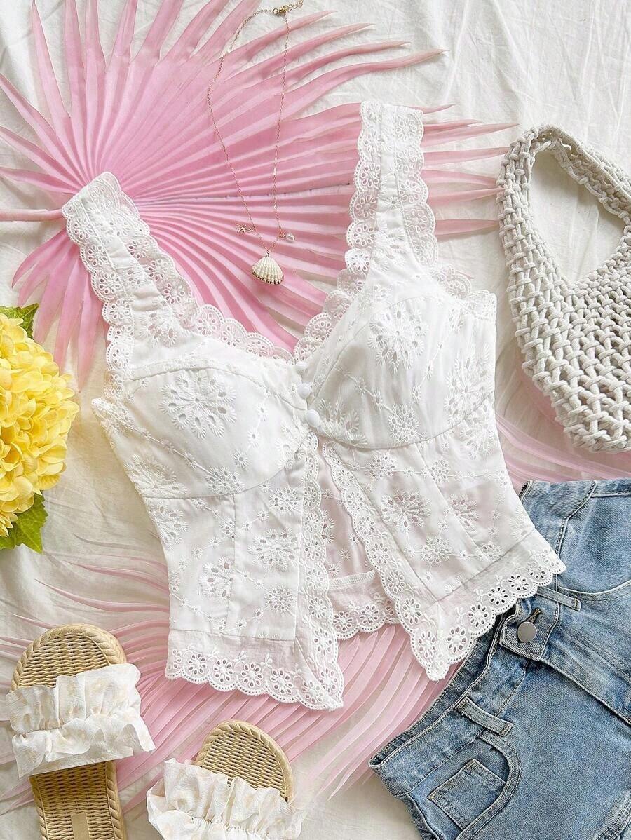 Top casual de mujer con bordado de ojales, adecuado para vacaciones, fiestas, té de la tarde, playa, citas, verano - Blanco - Ver 1