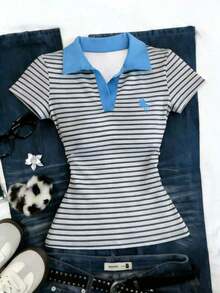 Camiseta casual versátil de mujer con cuello y mangas cortas, plisada y de unicolor - Multicolor 3 - Ver 1