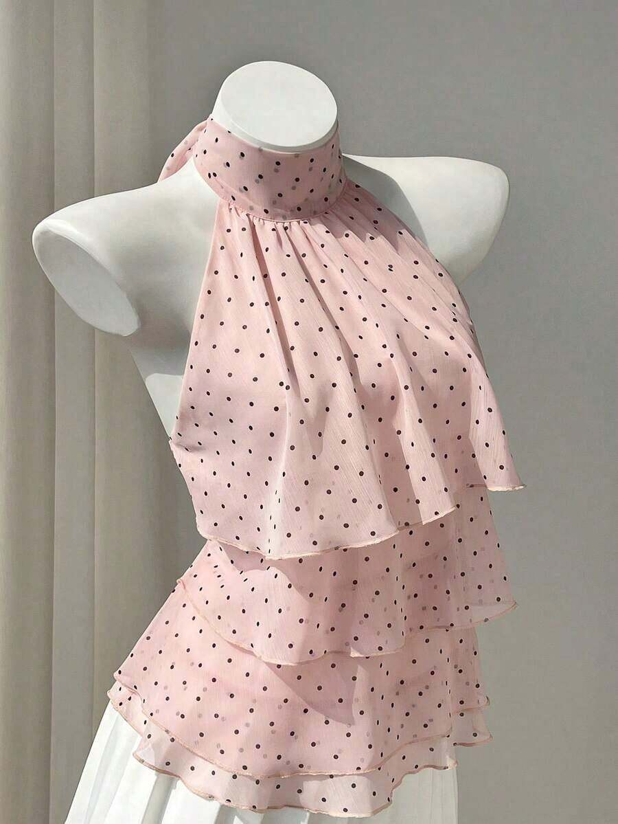 Camisa de mujer con volantes y estampado de lunares, con lazo a la cintura, estilo casual y de vacaciones, ajuste favorecedor, adecuada para la playa - Rosa - Ver 1