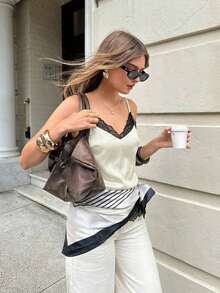 Camiseta de tirantes de mujer de verano casual con estampado de lunares y parches de encaje - Blanco - Ver 3