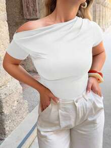 Camiseta Casual Para Mujer De Cuello Asimétrico Y Plisado De Color Sólido - Blanco - Ver 3