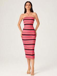 Vestido casual de cena ajustado al cuerpo sin tirantes para mujer - Multicolor - Ver 4