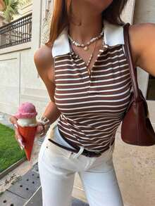Blusa casual y versátil de uso diario con rayas para mujer - Marrón 2 - Ver 9