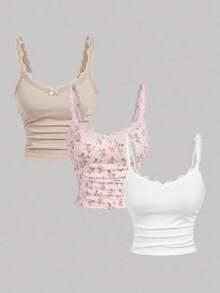 Camiseta sin mangas casual de mujer con parches de encaje, para verano - Multicolor 12 - Ver 11