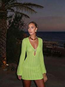Vestido de manga larga de punto para mujer, estilo de vacaciones en la playa - Verde hierba claro - Ver 5
