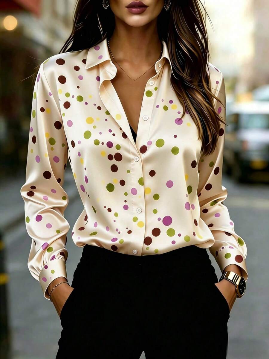 Women's Classic Colorful Polka Dot Pattern Front Button Long Sleeve Shirt Vacation - Apricot - View 1