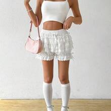Women's Solid Color Bowknot Decorated Multi-Layer Ruffle Hem Lantern Shorts - Blanco - Ver 4