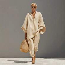 Women's Plus Size Summer Outfit, Simple And Modern Design, Casual Beach Vacation Fashion, Comfortable And Cool Outfit For Sunny Days, Feminine And Elegant Look - 米色 - 查看 2