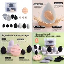 Aspira 15 Pcs Makeup Sponge Puff Set - Includes Rubycell Sponge, Large Finger Puffs - Powder, Soft Reusable (Black) - 黑色的 - 查看 1