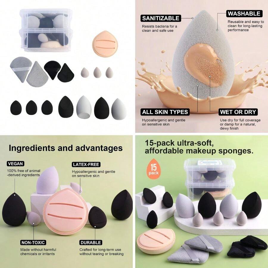 Aspira 15 Pcs Makeup Sponge Puff Set - Includes Rubycell Sponge, Large Finger Puffs - Powder, Soft Reusable (Black) - 黑色的 - 查看 1