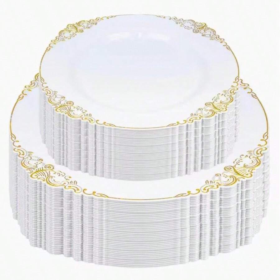 Bộ đồ ăn cao cấp phong cách Châu Âu viền vàng trắng 40/20/1 món, đĩa salad giá trị cao, có sẵn size 10.25 inch và 7.5 inch, dùng phục vụ bánh ngọt, burger, sandwich, sushi, salad, mì Ý, phù hợp cho nhà hàng, đám cưới, ngoài trời, Lễ Phục sinh, tiệc tốt nghiệp, trà chiều bạn thân, sự kiện ăn uống sân vườn ngoài trời, mùa tựu trường, Ngày của Mẹ, phụ kiện nhà bếp, (Bộ đồ ăn đầy đủ, đĩa, đĩa salad, đồ dùng bàn ăn nhà bếp, mùa cưới, lễ hội âm nhạc) - Nhiều màu - Xem 1
