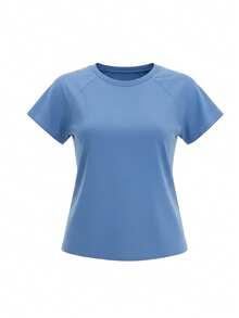 Camiseta de cuello redondo de unicolor casual, versátil para el verano - Azul - Ver 5