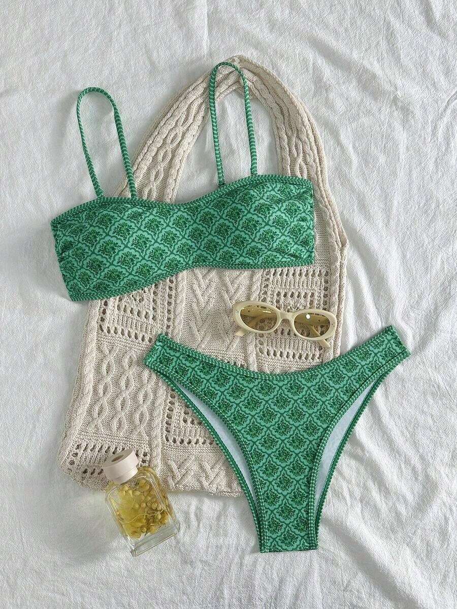 Set de 2 piezas Bikini bandeau con estampado floral rosa para mujer, con tirantes desmontables adecuado para vacaciones en la isla y sesiones de fotos en la playa en verano - Multicolor 2 - Ver 1