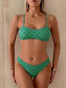 Set de 2 piezas Bikini bandeau con estampado floral rosa para mujer, con tirantes desmontables adecuado para vacaciones en la isla y sesiones de fotos en la playa en verano - Multicolor 2 - Ver 2