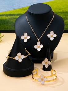 1 Set Fashionable & Sweet Floral Series Jewelry Set Including Necklace/Bracelet/Bangle/Ring/Earrings, Unique Handpainted Enamel Flower Petals, Suitable For Women's Daily Wear And Parties - Four Cornus Set - View 9