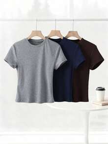 Camiseta casual de mujer de manga corta con cuello redondo de unicolor para verano - Multicolor 2 - Ver 5