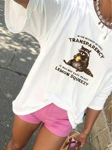 Women Pure Cotton T Shirt Funny Print Raccoon Lemon Squeezy Transparency Humor Graphic Tee Cute Summer Clothing Y2k Fashion High Quality Casual Wear Party Outfit Trendy Streetwear Statement Top Light And Breathable Design Perfect For Warm Days Fun And Quirky Style - Blanco - Ver 1