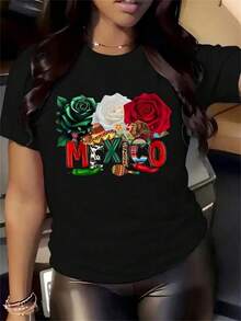 T-Shirt With A Creative Mexican-Themed Print. Women's T-Shirts For Spring, Summer, And Fall. Casual And Fashionable T-Shirts, Machine Washable, Ideal For Sports, Everyday Wear, And Parties. Women's T-Shirts, Halloween Costumes, Women's Clothing, Women's Fall T-Shirts, Costumes For Easter, Halloween, Thanksgiving, And More. - 黑色 - 查看 1