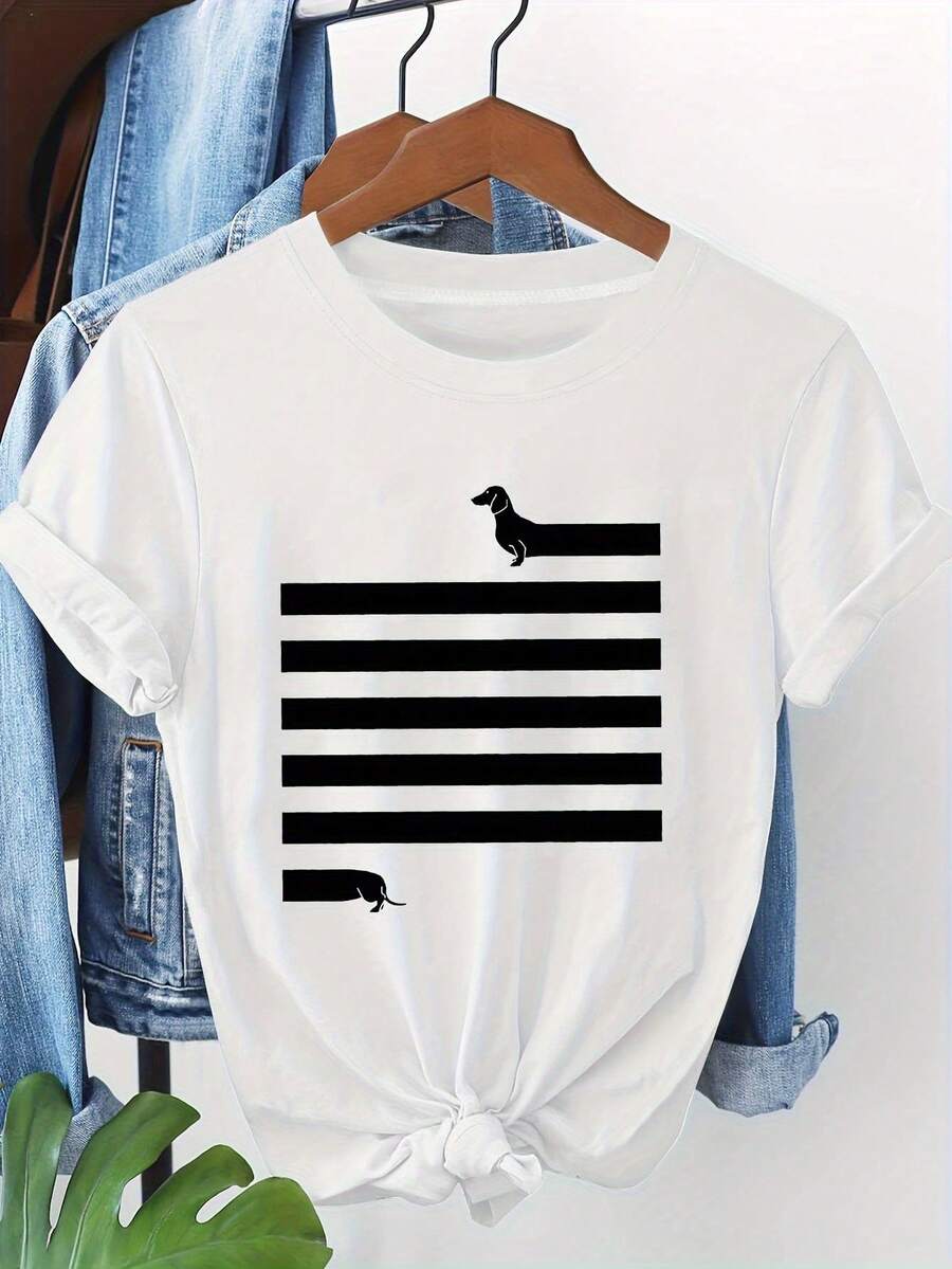 Dachshund raya gráfica impresión T - camisa mujer primavera - verano corto - manga tripulación - cuello T casual - camisa, salida diaria, regalo de vacaciones