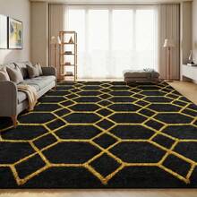 Sour Lemon Rugs Living Room 200x300cm, Grey Area Rugs For Bedroom, Washable Anti Slip Extra Large Shaggy Soft Rug Fluffy Modern Floor Carpets Mat Beside Carpet, Long Runner Rug For Hallway - Black-gold Hexagons - View 2