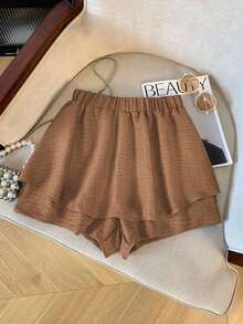 Conjunto de 2 piezas de top elegante con volantes asimétricos en el bajo y pantalones para mujer - Café integral - Ver 7