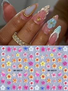 2片5D立体芙蓉花美甲贴纸，彩色法式花卉和海星图案自粘美甲贴花，热带夏季花卉美甲装饰，适合度假、海滩派对和日常DIY美甲 - 彩色 - 查看 5