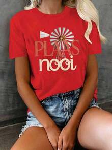 Women's Short-Sleeve Graphic Print T-Shirt, 100% Cotton, Soft And Skin-Friendly, Simple Casual Style, Leopard Print And Windmill Design, Comfortable Pure Cotton T-Shirt For Women - Summer Clothing For Everyday Wear And Travel. Crew Neck. Women's Printed T-Shirt. 100% Cotton - 紅色的 - 查看 6