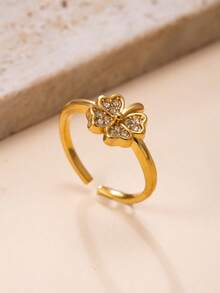 1 chiếc nhẫn hở bằng thép không gỉ mạ vàng 18K, kiểu dáng tinh tế, hình cỏ bốn lá đính đá, thích hợp đeo hàng ngày cho nữ. - Vàng - Xem 2